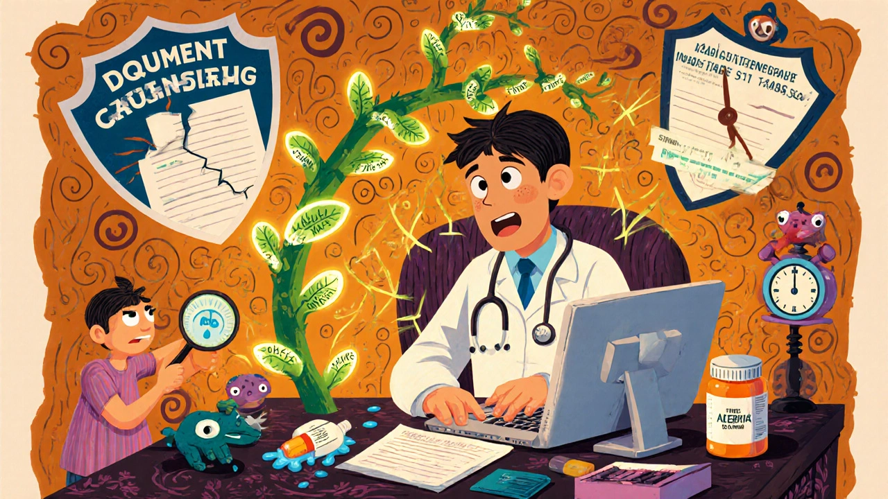 A doctor types into an EHR as legal shields crack, with warning symbols and melting clocks around them, in colorful Alebrije style.