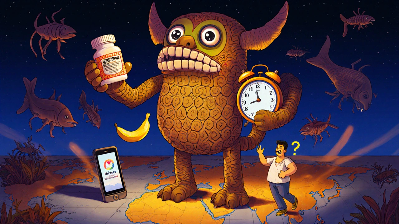 A fantastical pill-bottle creature feeds a traveler fatty food on a flight, while malaria parasites flee from its glow in colorful Alebrije art.