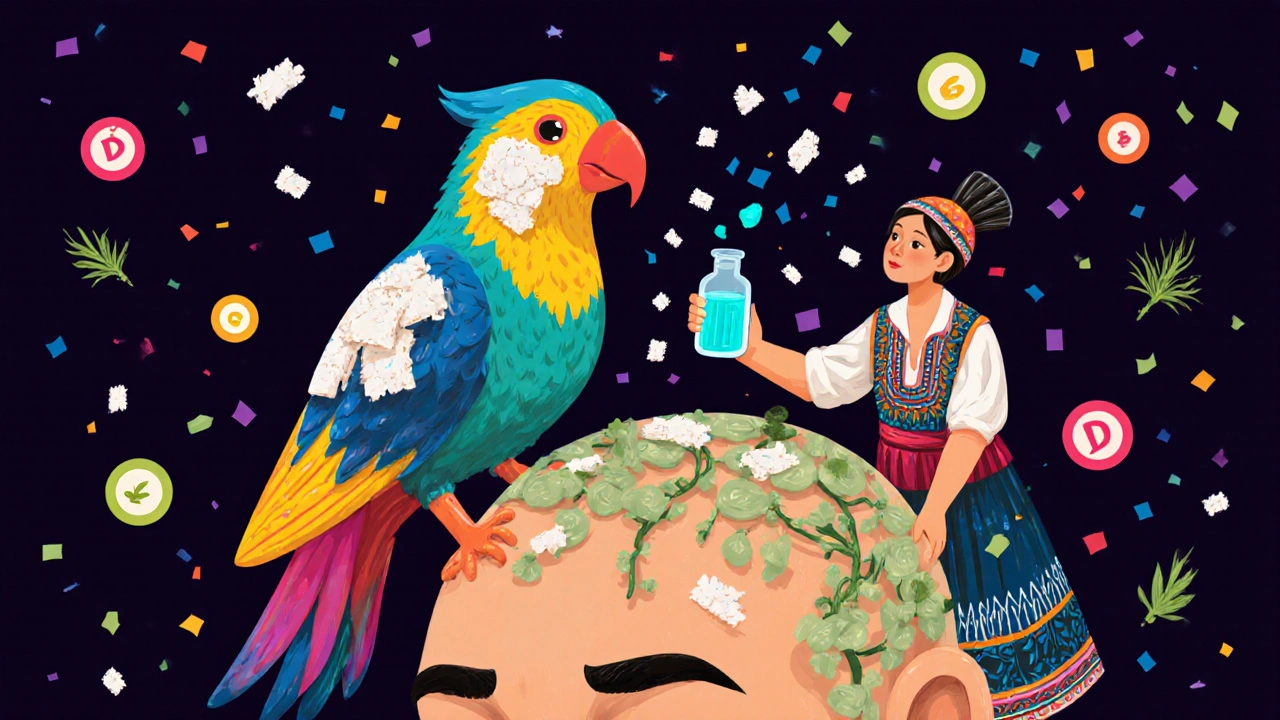 A feathered bird with scalp plaques being treated by a healer applying a solution, with flakes turning into vines.