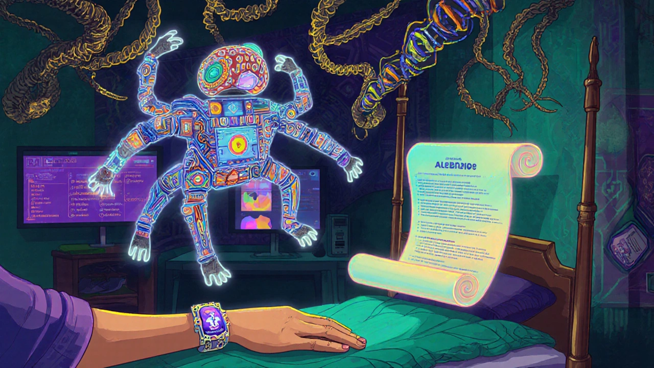 A futuristic lab with holograms and genetic tapestries, a child sleeping peacefully, and a medical ID bracelet shaped like a serpent.