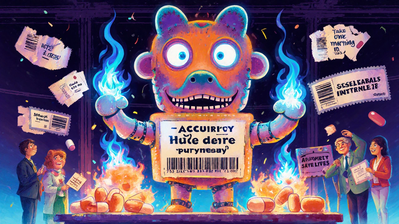 A giant alebrije installing 2025 FDA PMI system, replacing old labels with plain-language instructions and burning dangerous dosage errors.