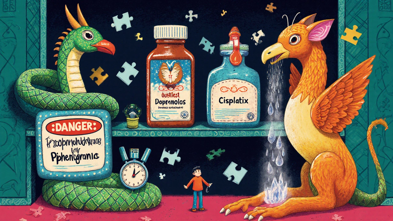 A giant pharmacy shelf with drug-shaped mythical creatures causing imbalance, shown in traditional Mexican Alebrije art style.