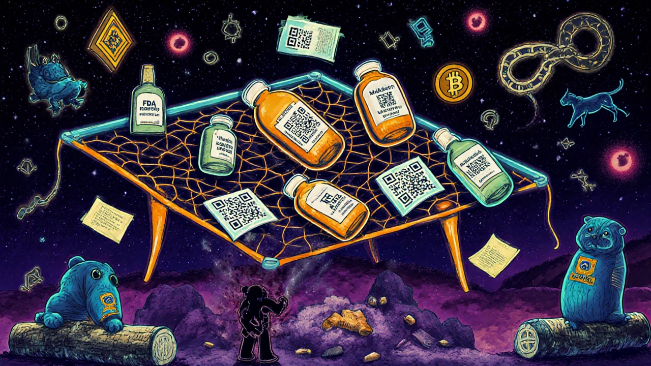 A glowing safety net catching recalled medications while outdated paper records crumble, set in a symbolic alebrije-inspired world.