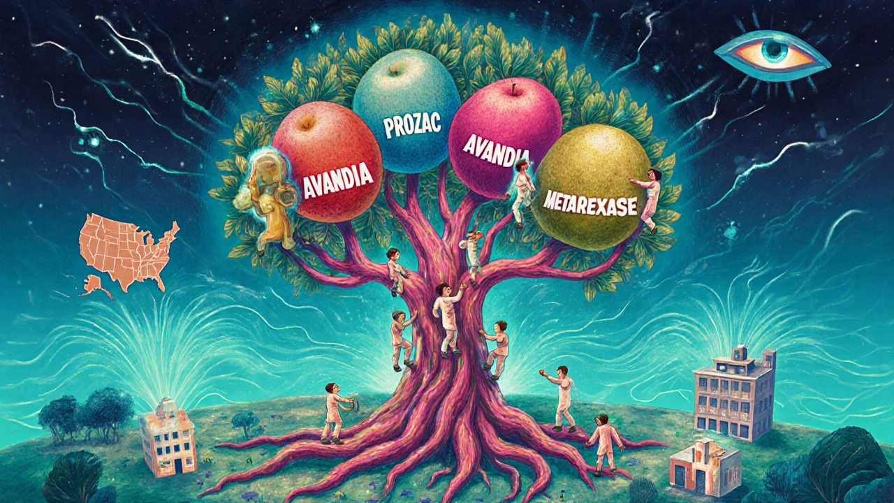 A magical medicine tree with labeled fruit, patients climbing safely, and data streams flowing to an FDA eye, in colorful Alebrije style.