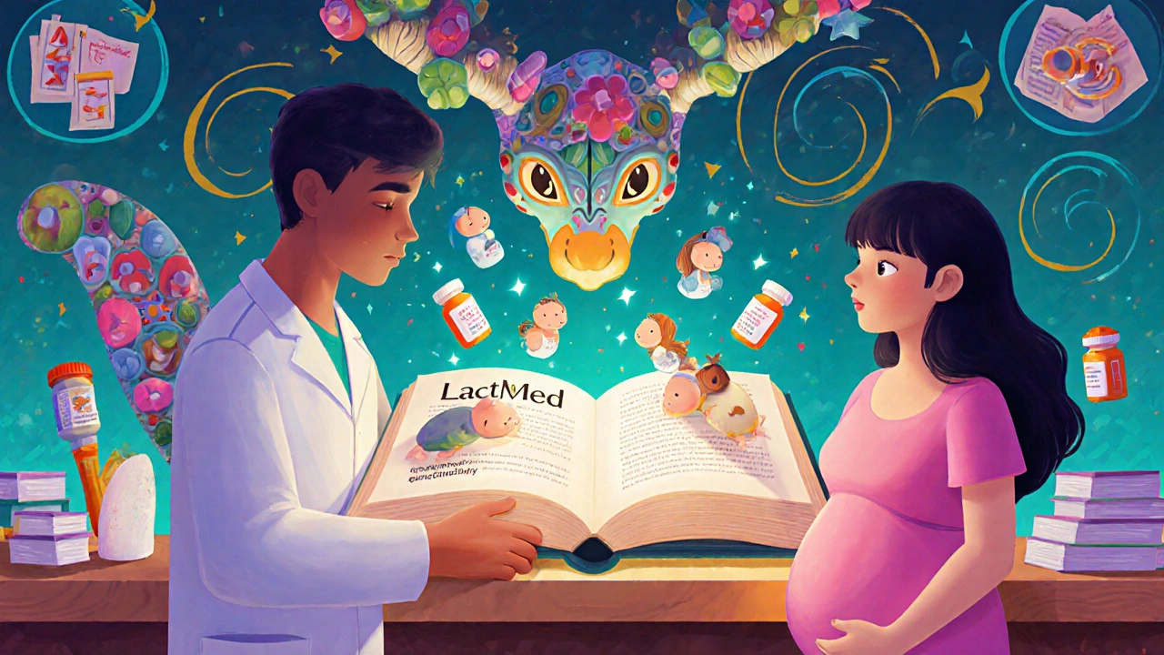 A pharmacist and patient sharing a glowing LactMed book, with mystical creatures and vibrant alebrije patterns around them.