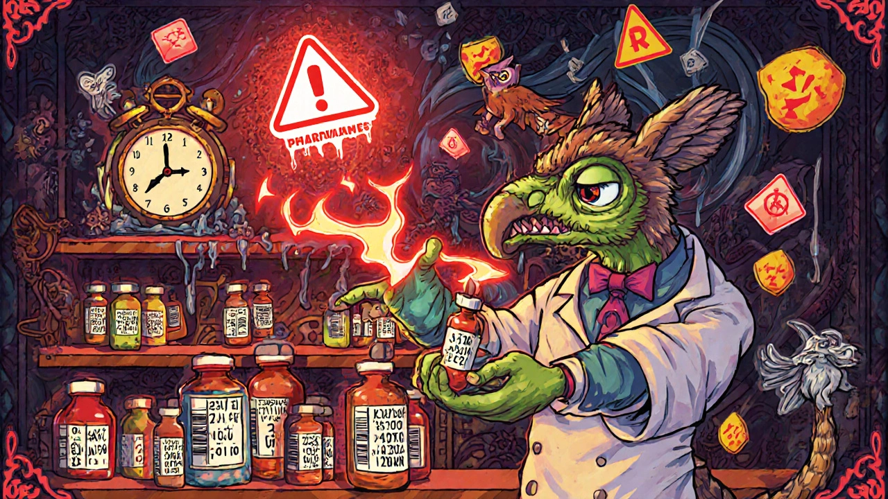 A pharmacist-creature urgently removing recalled drugs as glowing alerts pulse above, surrounded by floating NDC codes in vibrant alebrije style.