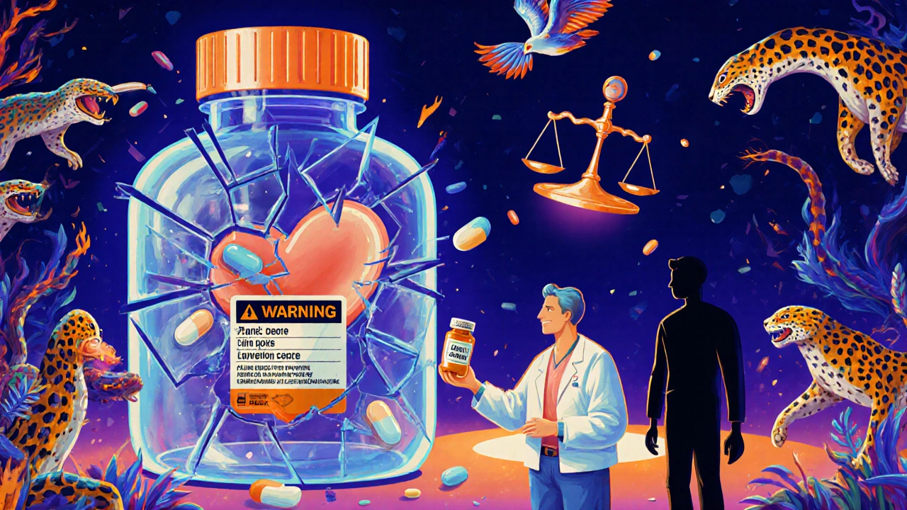 A pharmacist gives a generic pill to a patient while a shattered brand-name bottle reflects state laws, in surreal Alebrije art.