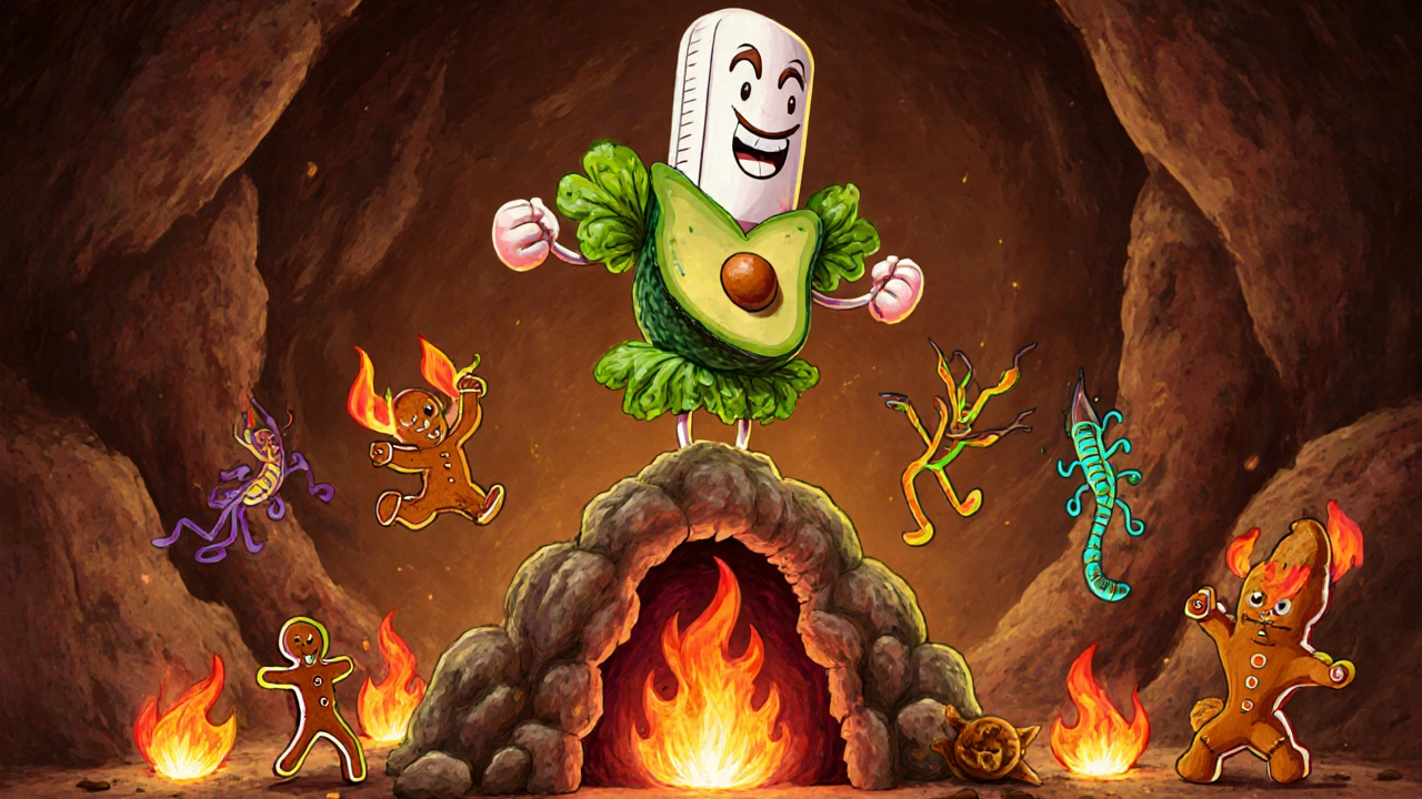 A pill in leafy armor stands on a stomach cave, repelling acid flames with help from friendly gut creatures.