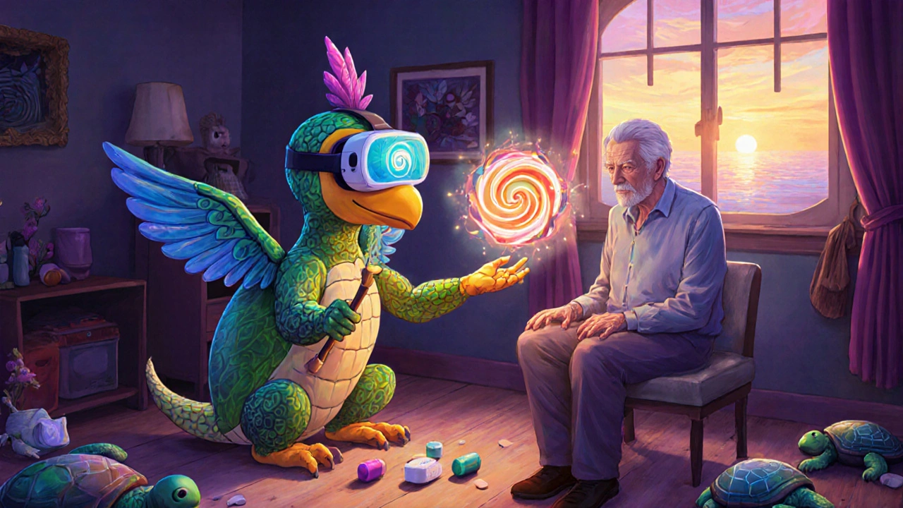 A senior receiving balance therapy from a mystical spirit animal using VR patterns, depicted in luminous Alebrije illustration.