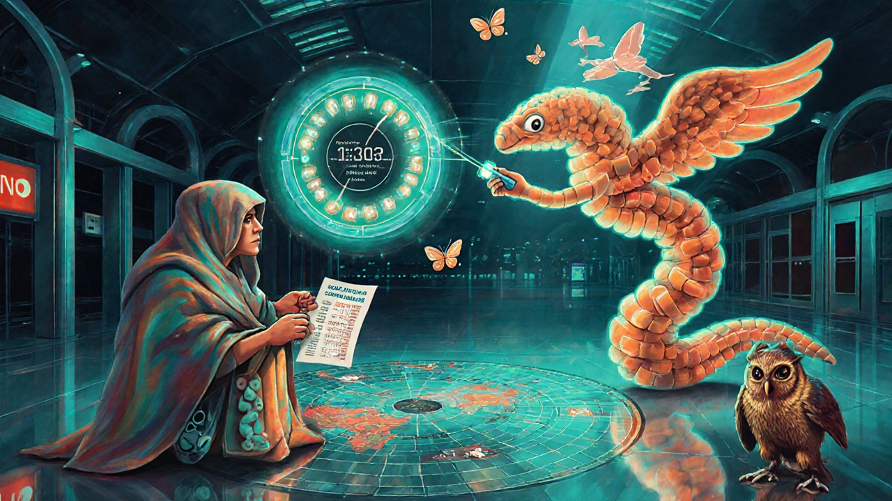 A serpent-nurse gives a glowing injection at an airport, with holograms of dose schedules and butterflies made of pill charts in Alebrije style.