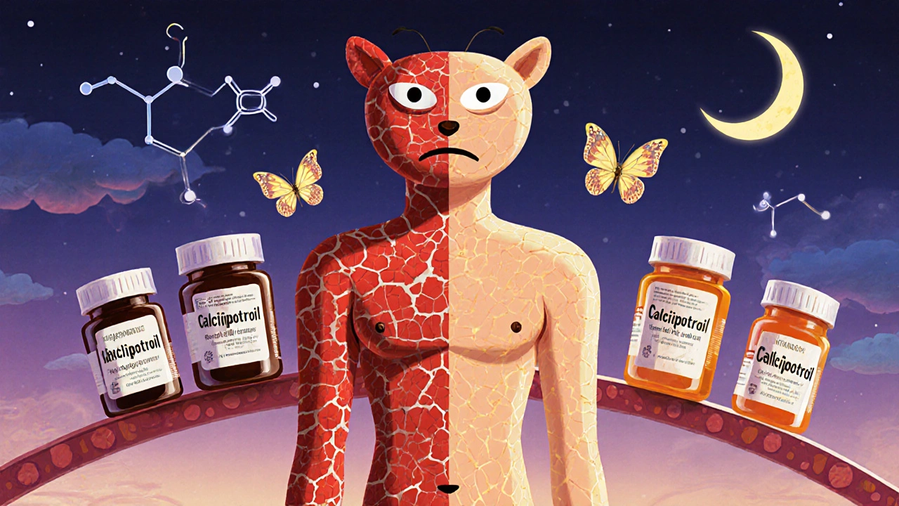 A split-body figure showing psoriasis vs. healed skin, connected by a bridge of prescription bottles in Alebrije art style.