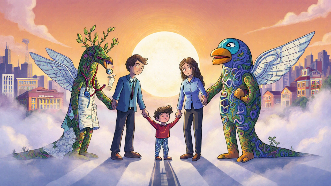 A team of fantastical creatures supporting a glowing mind orb in coordinated specialty care, illustrated in Alebrije style.