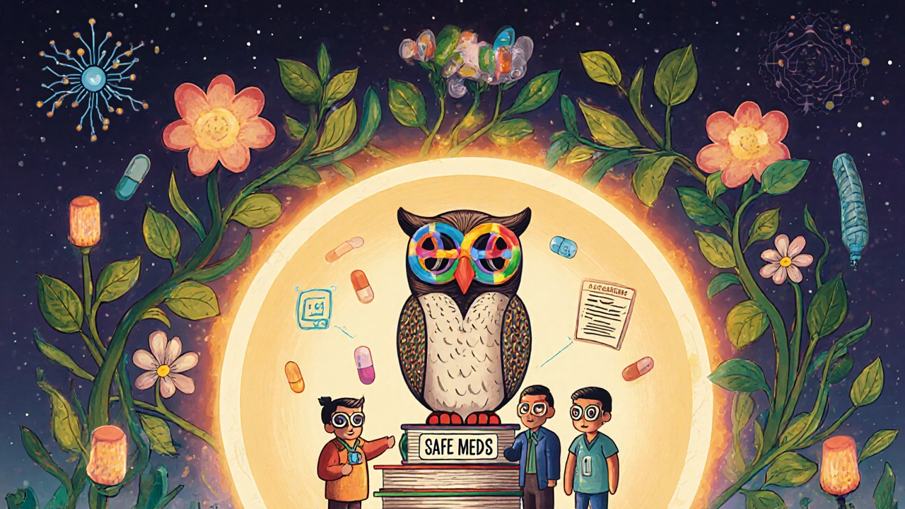 A wise pharmacist alebrije guiding patients and AI through a glowing portal to medication safety.