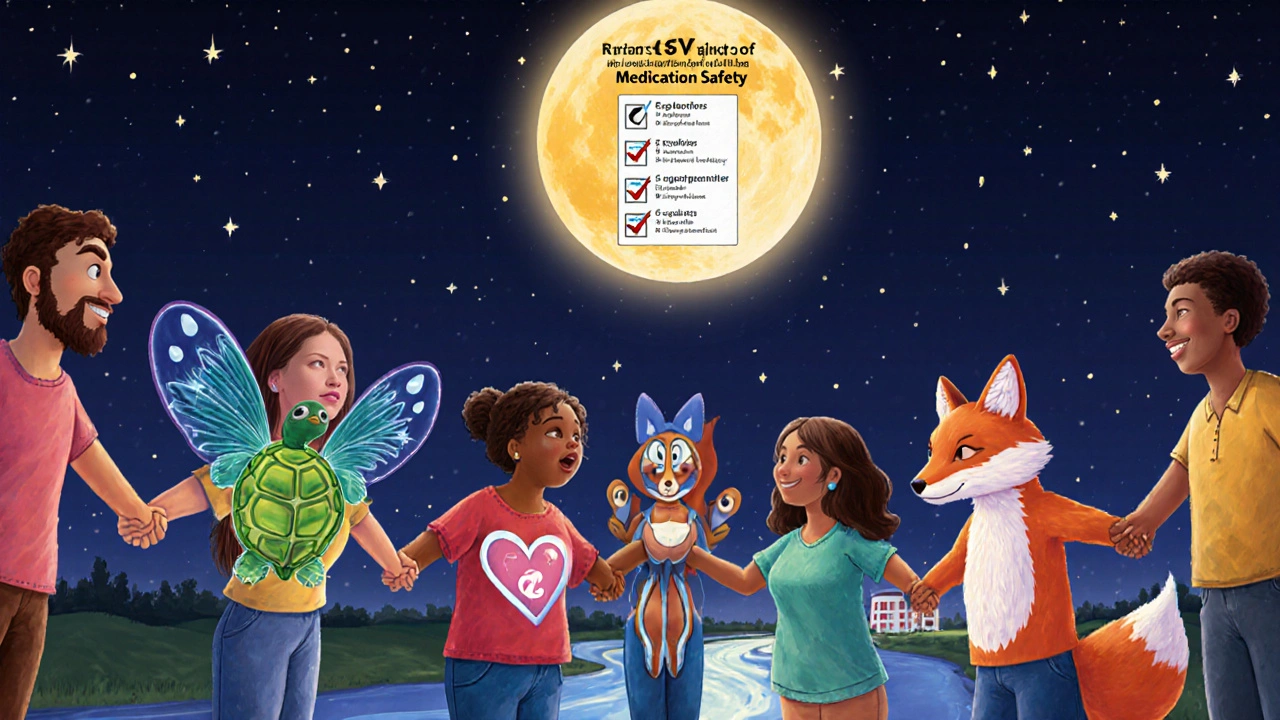 Diverse people holding hands under a starry sky, each with a spirit-animal companion representing medication safety during pregnancy and breastfeeding.
