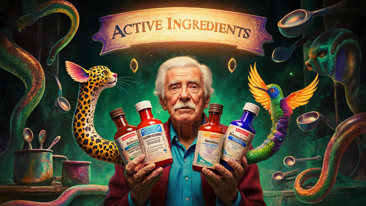 Elderly person surrounded by animal-shaped medicine bottles with floating warning labels