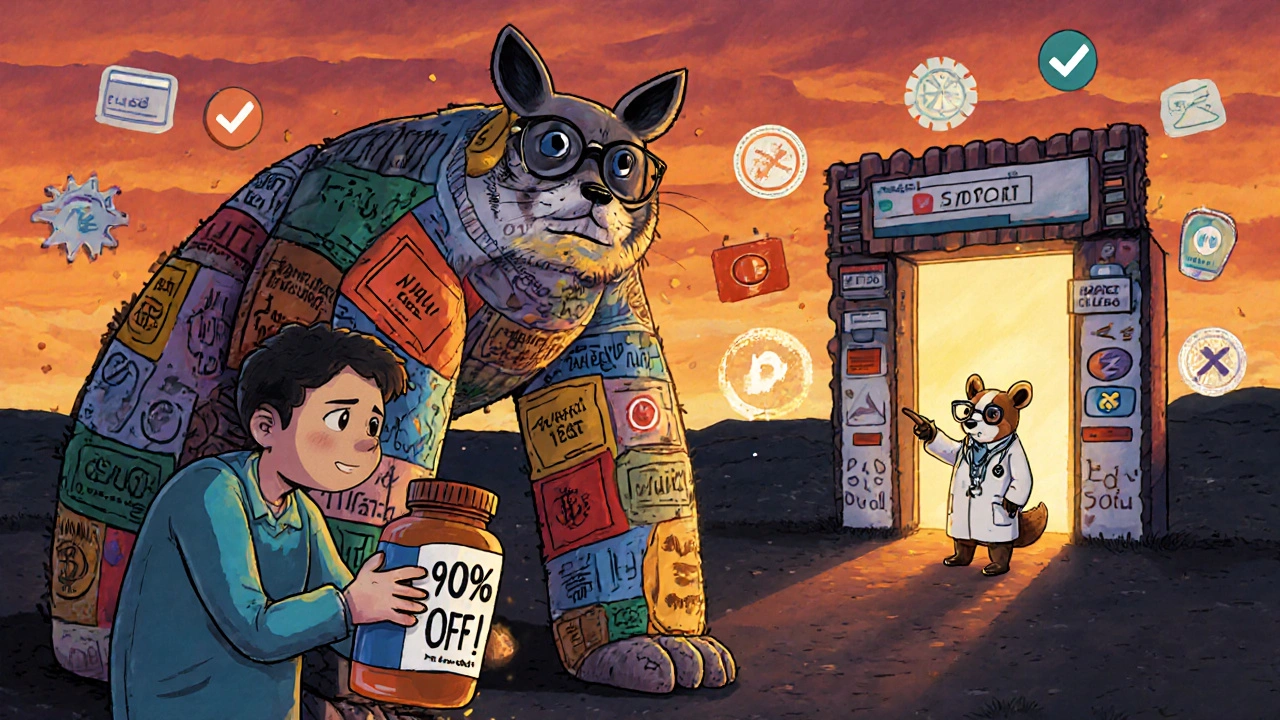 Patient threatened by a monster made of spam and fake logos, guided by a wise badger pharmacist