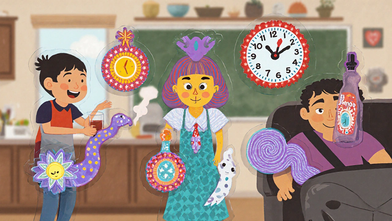 People in daily life surrounded by colorful spirit creatures symbolizing their personal seizure triggers such as sleep, alcohol, and light.