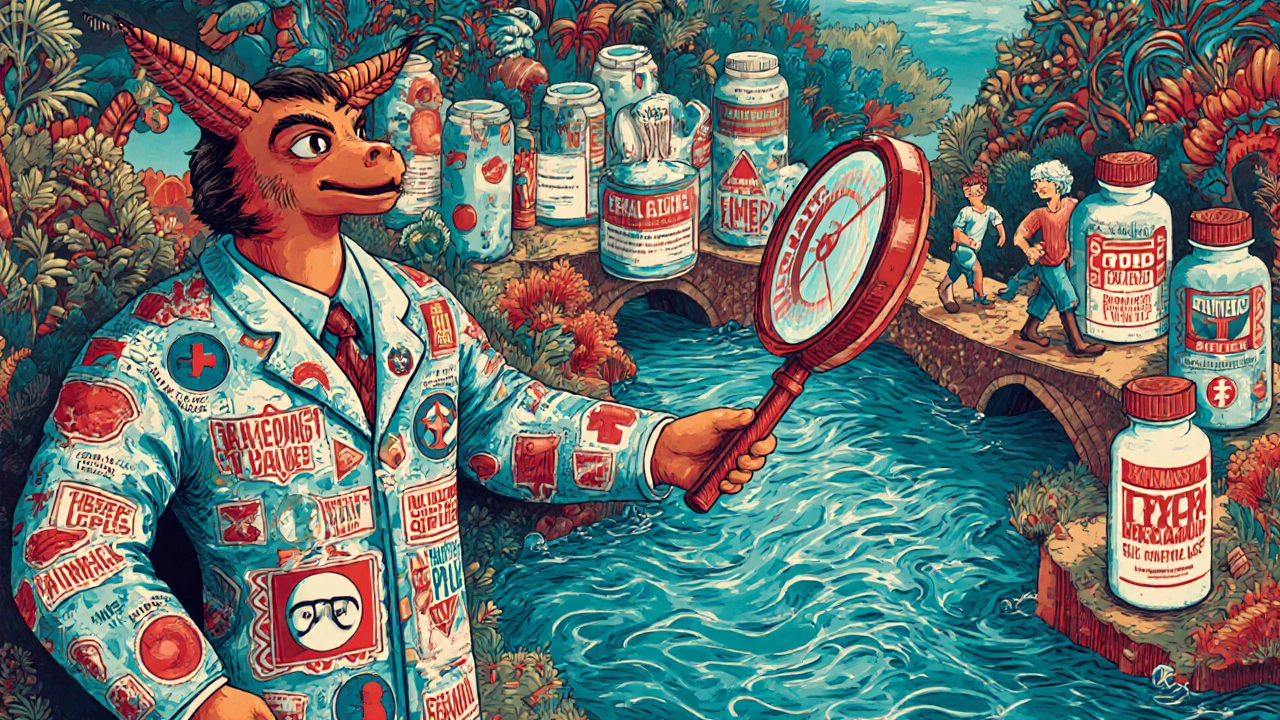 Pharmacist guardian with magnifying glass revealing hidden dangers of OTC meds