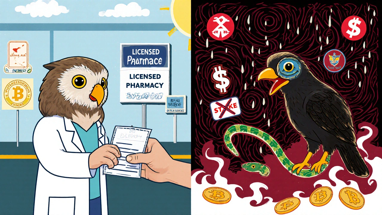 Split scene: safe pharmacy with owl pharmacist vs. dark version with crow pharmacist handing a snake-pill