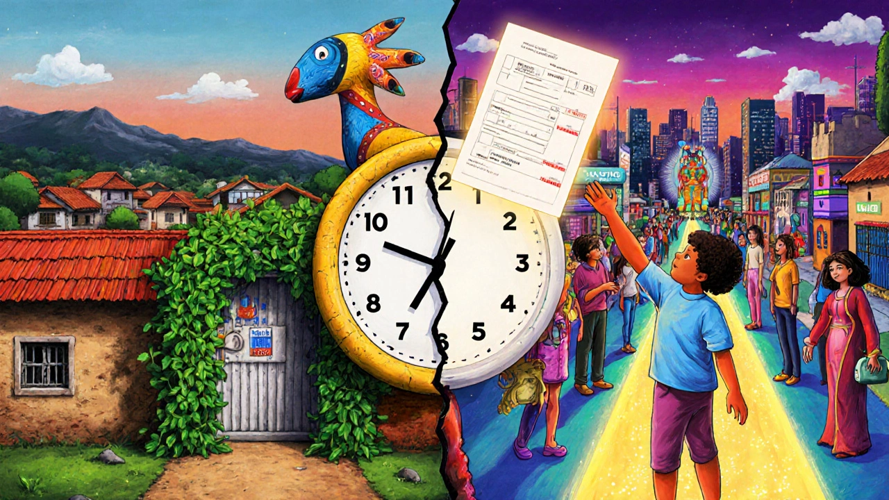 Split scene showing rural vs urban access to psychosis care, with a fractured clock and PQ-16 questionnaire in Alebrije art style.