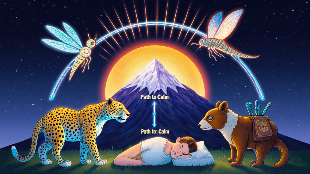 Three alebrije creatures representing treatments forming a circle above a sleeping person, with a brain-shaped mountain and rising sun symbolizing healing.