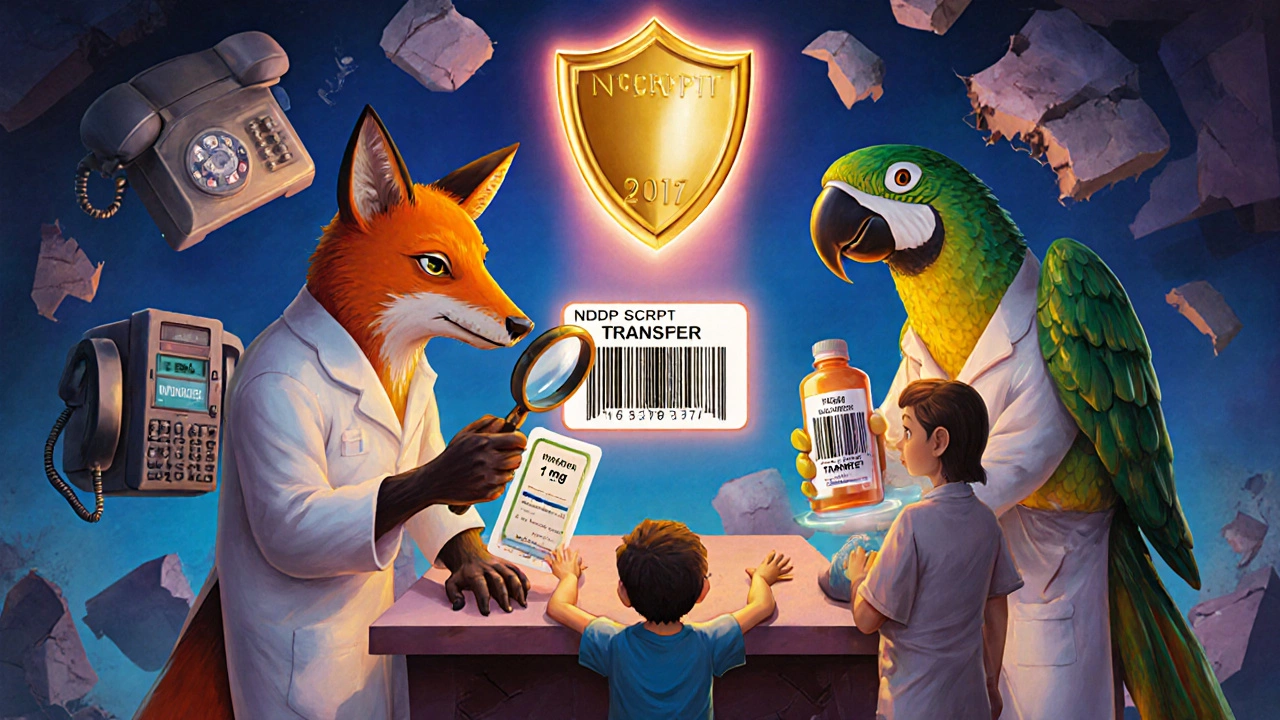 Two animal-headed pharmacists performing a double-check ritual over a label with &#039;1 mg&#039;, while fax machines crumble in the background.