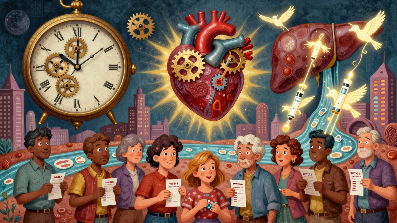 A clock made of plaque ticking toward a heart explosion, with people receiving treatments as spirit birds descend in folk-art style.