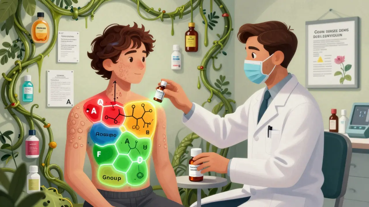 A dermatologist's office scene with a glowing alebrije showing steroid allergy groups, one breaking apart while another heals, beside a non-steroid treatment bottle.