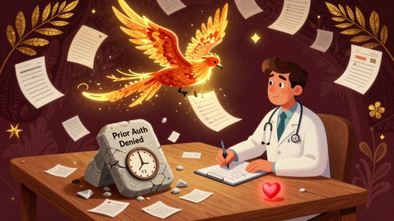 A doctor&#039;s note turning into a phoenix as a denied prescription crumbles, surrounded by medical documents.