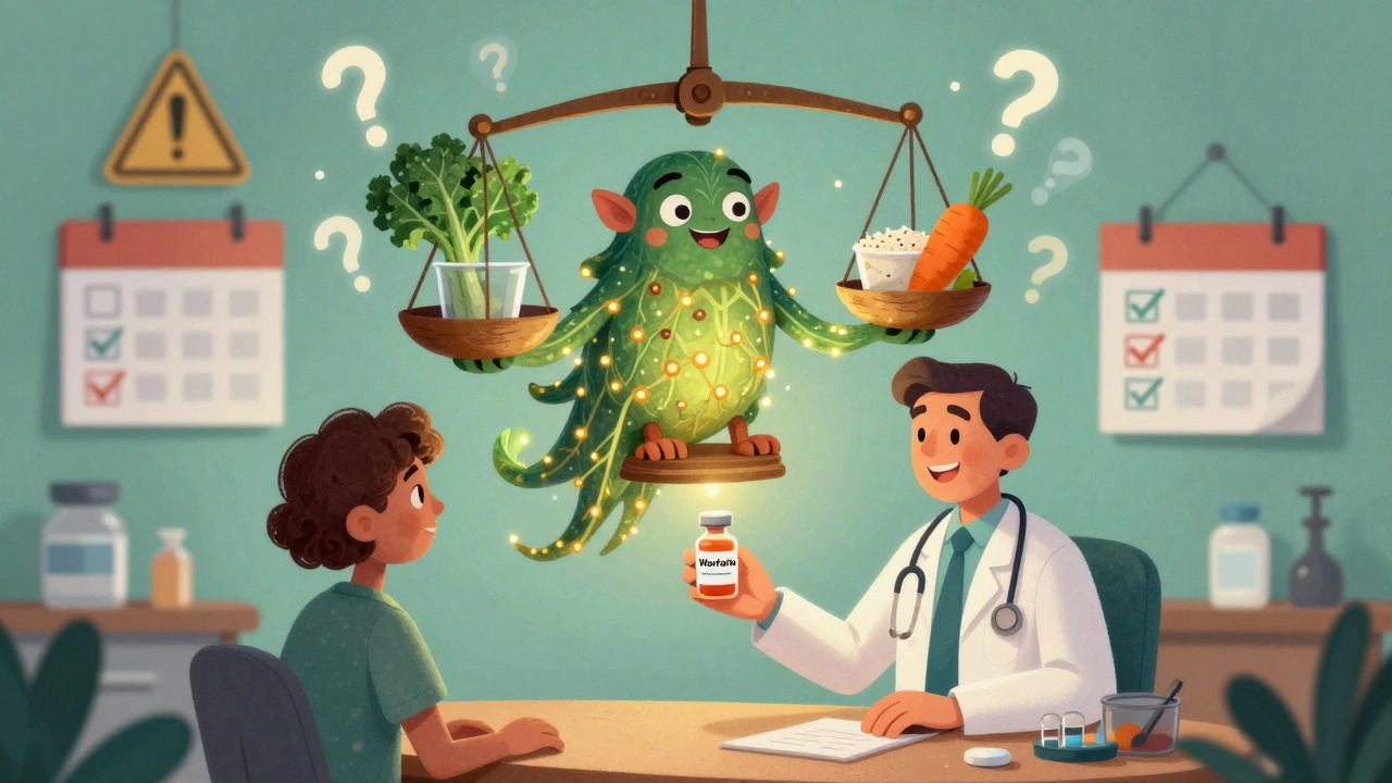 A doctor hands warfarin to a patient as a balanced alebrije spirit hovers above with food portions.