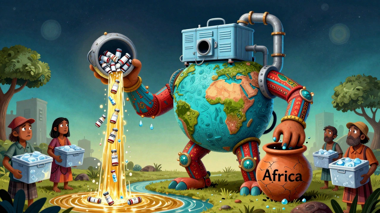 A factory creature pours vaccines into rich nations while barely dripping any to Africa, surrounded by hopeful people.