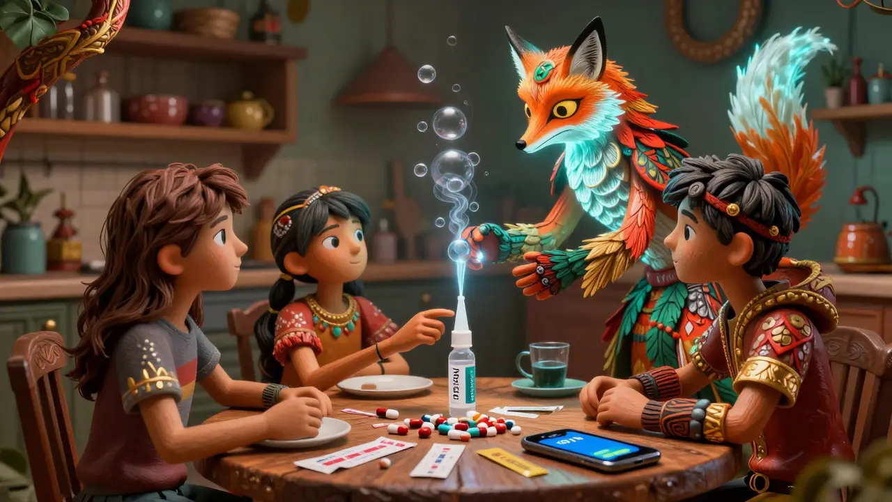 A family receives naloxone from a mythical spirit, with fake pills and test strips on the table in vibrant folk-art style.