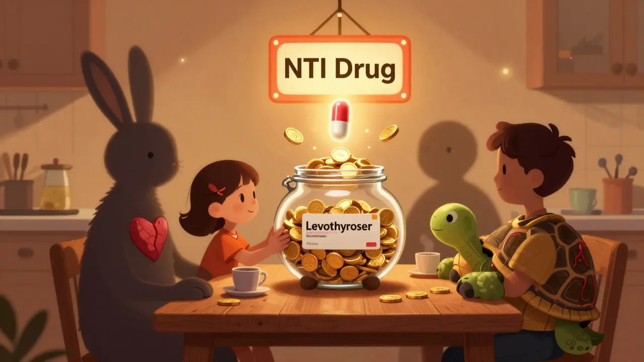 A family’s shadows become mystical creatures, holding a jar overflowing with pill-shaped coins, near a carefully labeled thyroid medication.