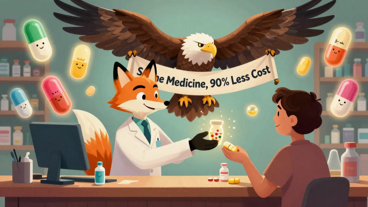 A friendly pharmacist with animal features gives a small generic pill to a patient, watched over by a protective FDA eagle.