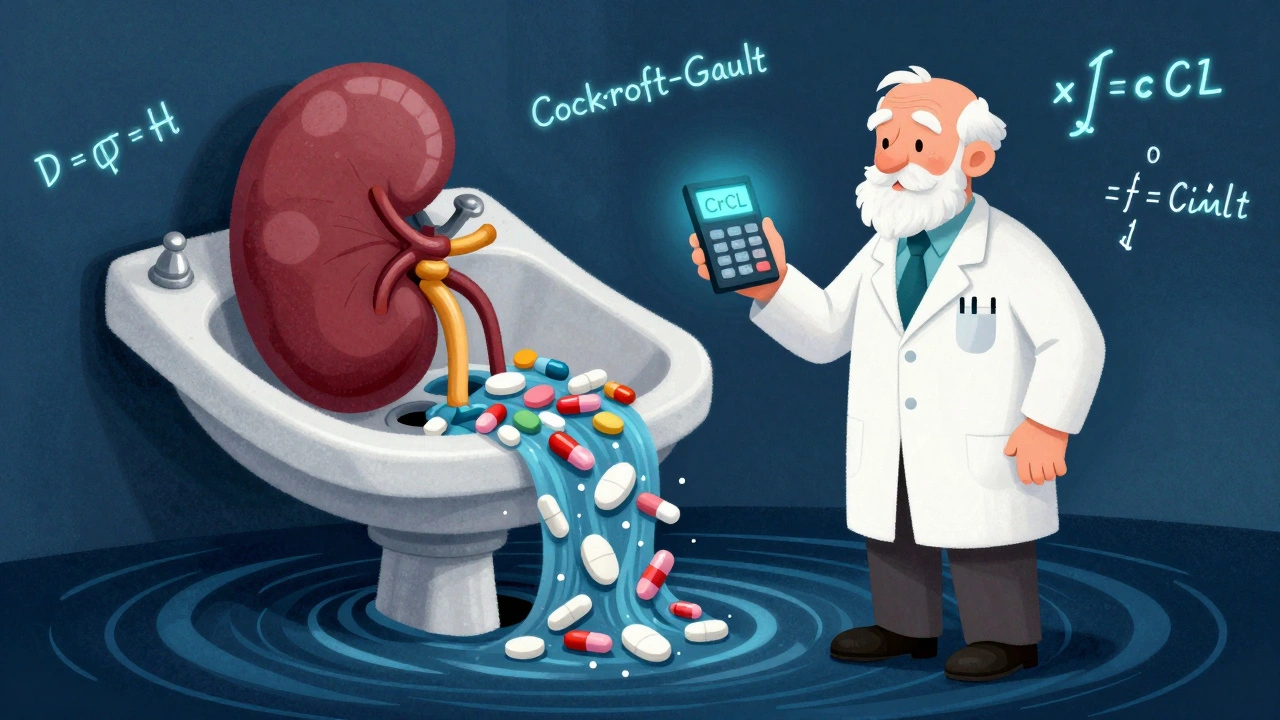 A giant clogged sink overflowing with pills, watched by a pharmacist holding a CrCl calculator, all in vibrant alebrije style.