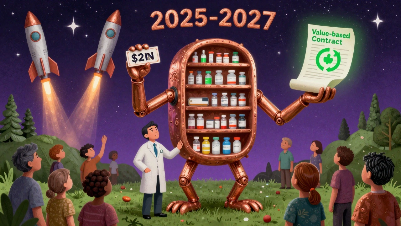 A giant pharmacy creature holding a M gene therapy cost while a green contract glows nearby.