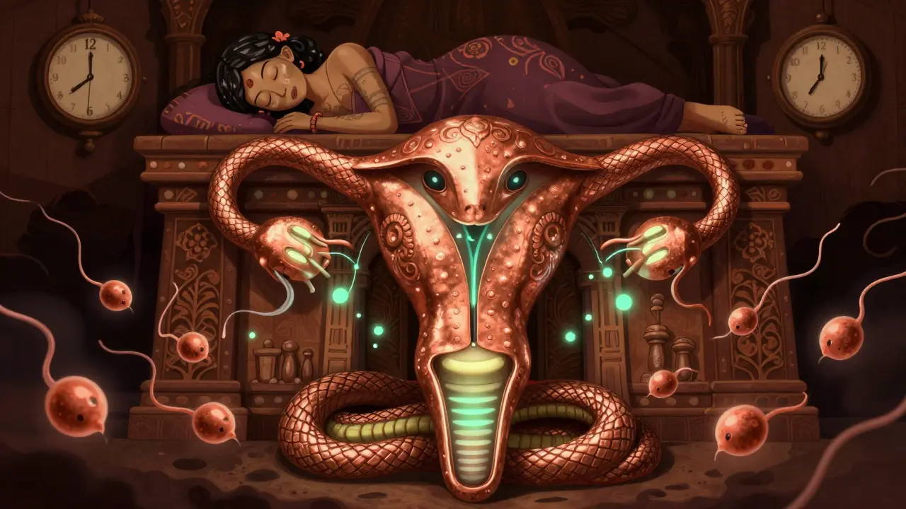 A glowing copper IUD shaped like a serpent inside a temple, repelling sperm with emerald sparks.