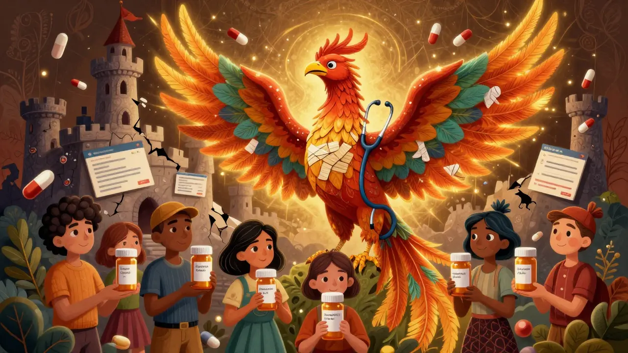A heroic phoenix protects people with real meds as a castle of fake pharmacies collapses in the background.