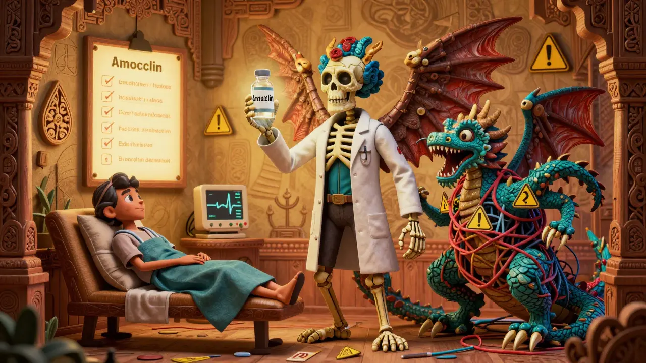 A heroic skeleton protecting a patient from a QT-interval dragon, with safety checklist glyphs glowing in Alebrije style.