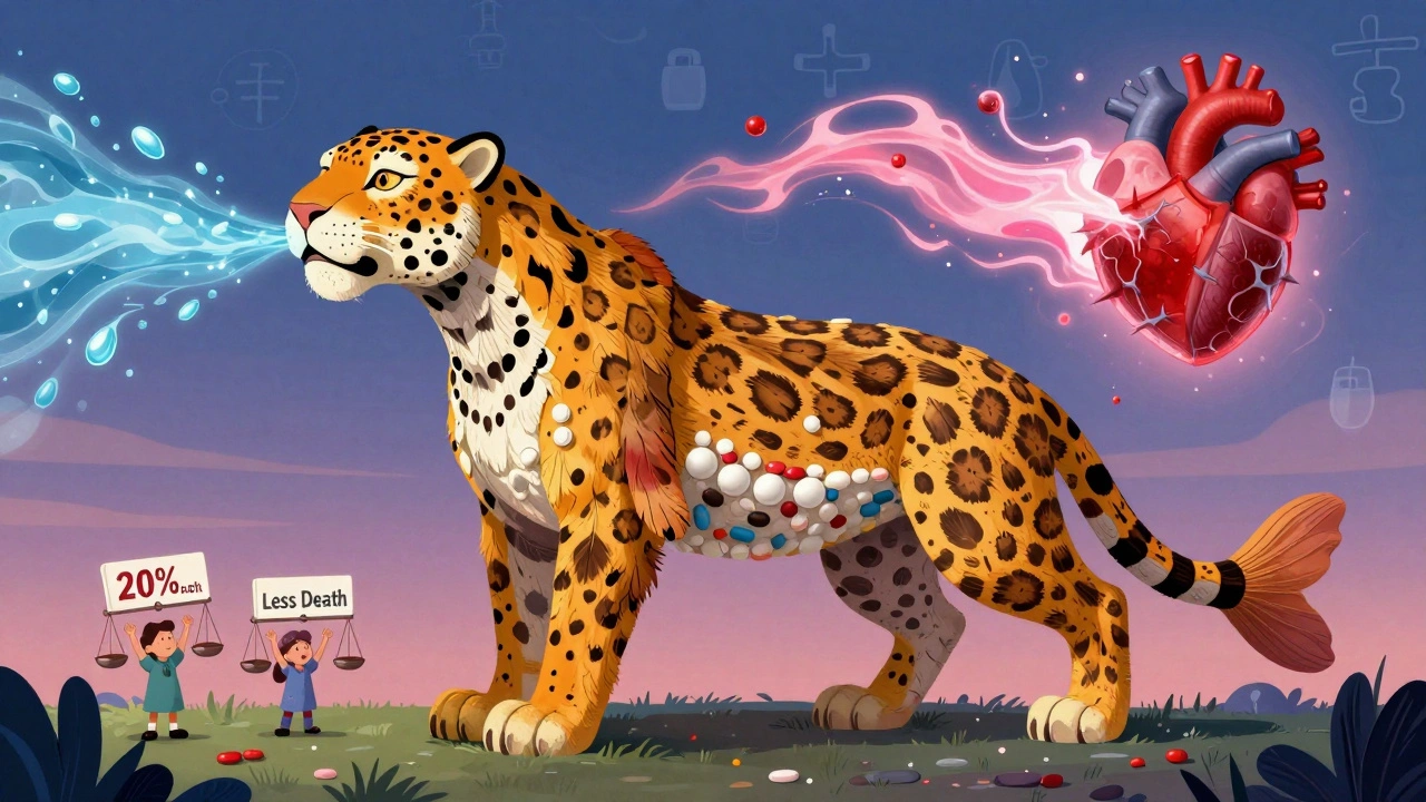 A jaguar-fish hybrid breathing blue droplets that dissolve heart blockages, with patients cheering below.