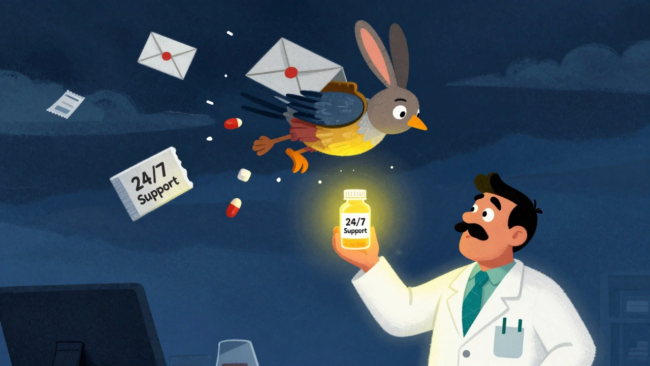 A lost pill package carried by a confused creature through a storm, with a pharmacist offering a replacement.