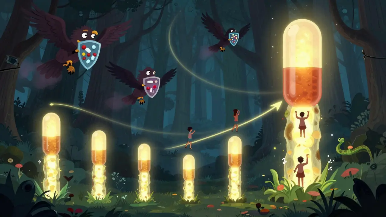 A luminous path of totem poles ascending from tiny to massive drug doses, with protective creatures guiding a patient upward.