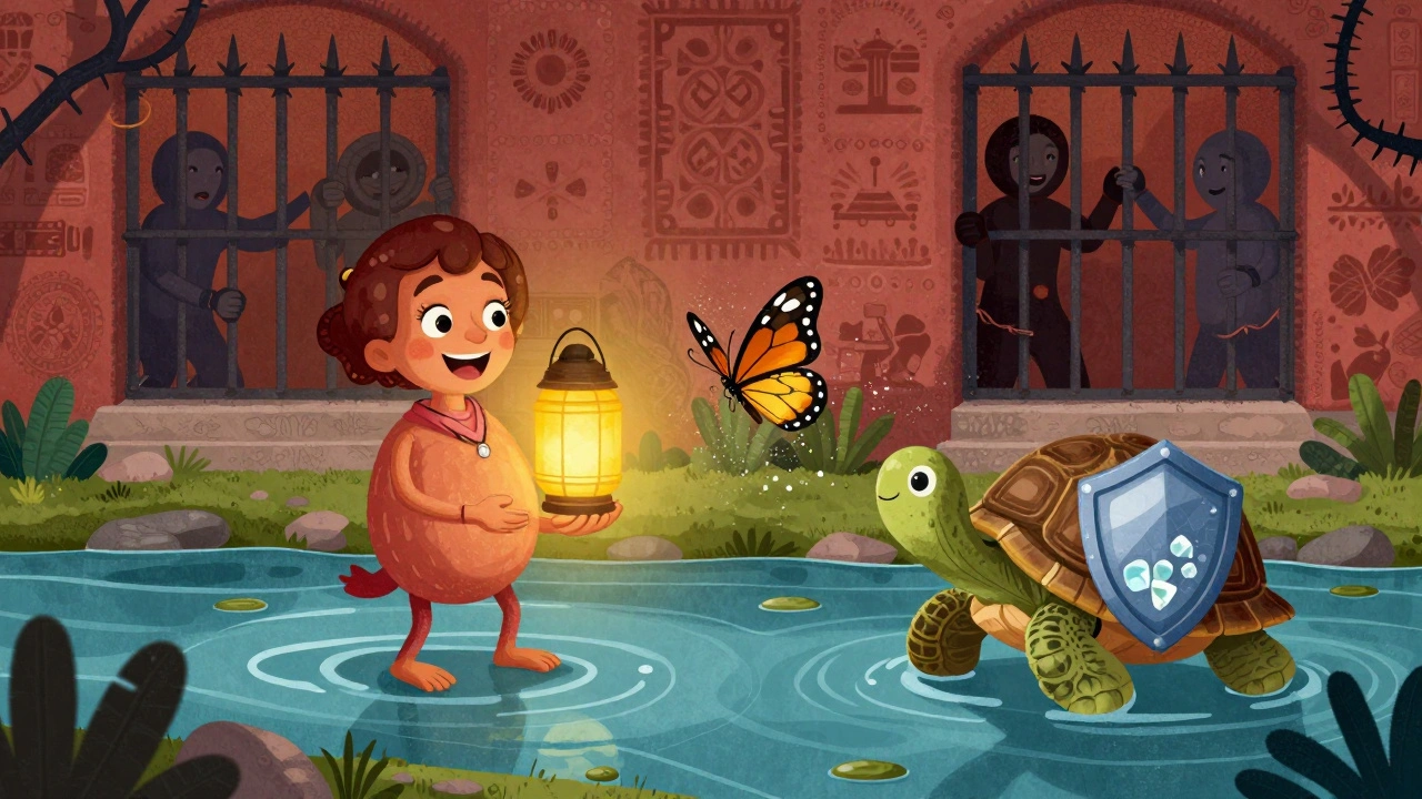 A magical marketplace of safe pregnancy remedies like Acetaminophen and Zyrtec, with forbidden drugs locked behind thorny gates.