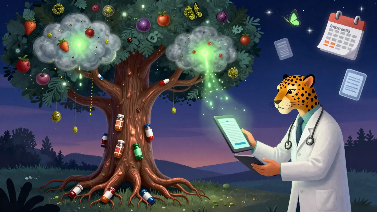 A magical tree of allergies with a doctor giving a tablet, surrounded by insurance icons and glowing butterflies.
