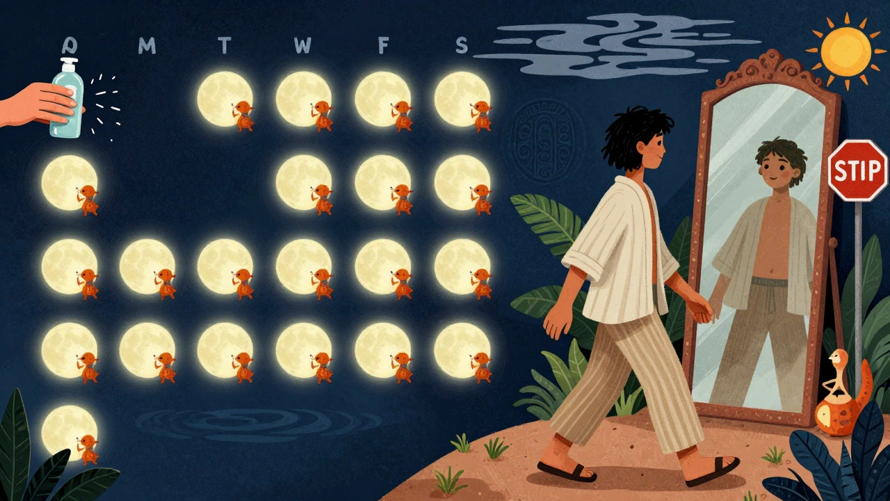 A monthly calendar with glowing moons shooing away yeast creatures, person walking confidently past a mirror with even skin.