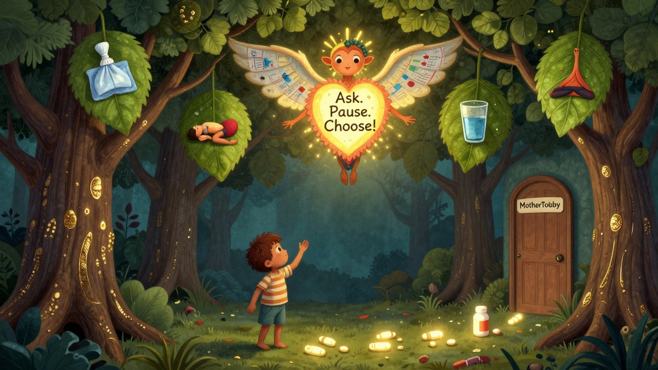 A mother and child under a healing tree canopy, guided by alebrije spirits toward safe choices and MotherToBaby resources.