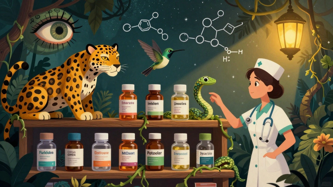 A mythical pharmacy jungle with spirit-animal drug bottles, a nurse reaching for one, watched by a warning eye amid floating chemical formulas.