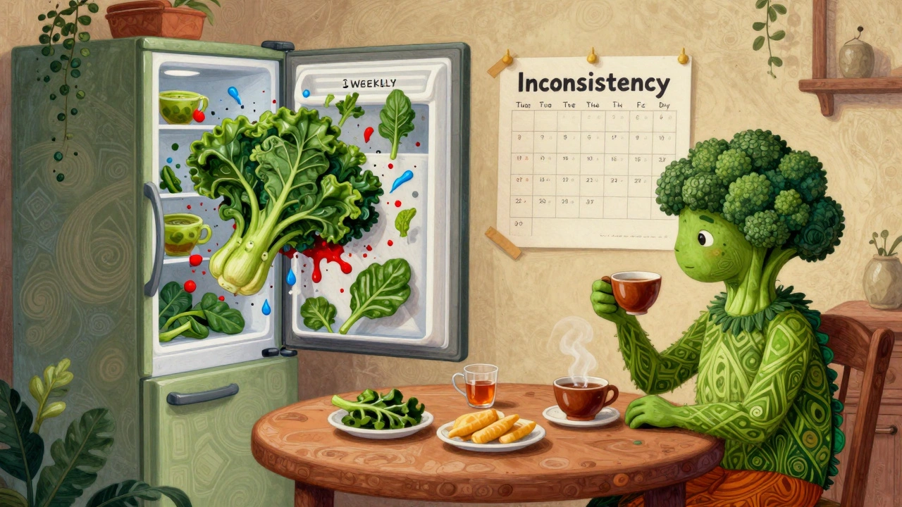 A patient follows a consistent food schedule while chaotic greens explode from the fridge.