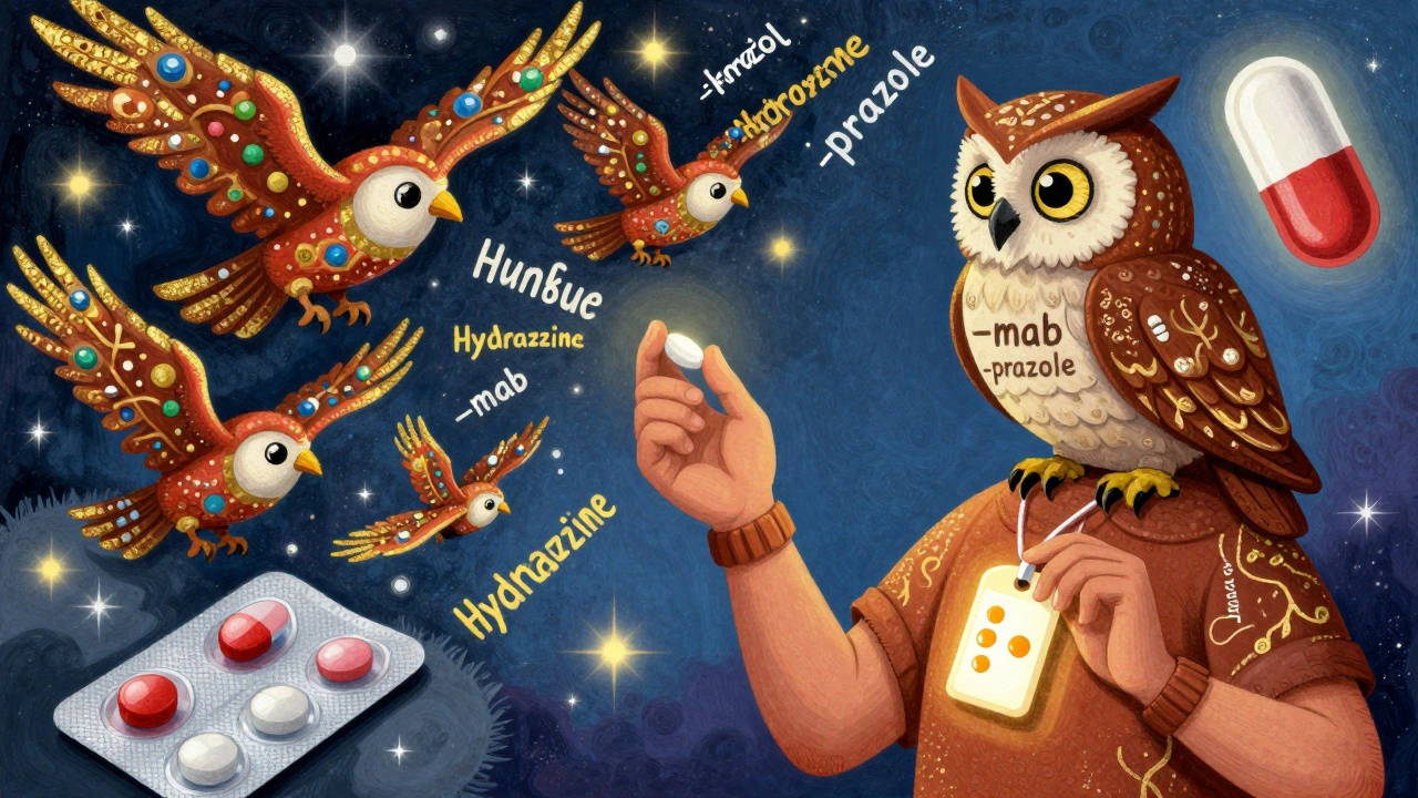 A patient guided by a stem-feathered owl, surrounded by dangerous similar drug names, with brand and generic pills glowing side by side.