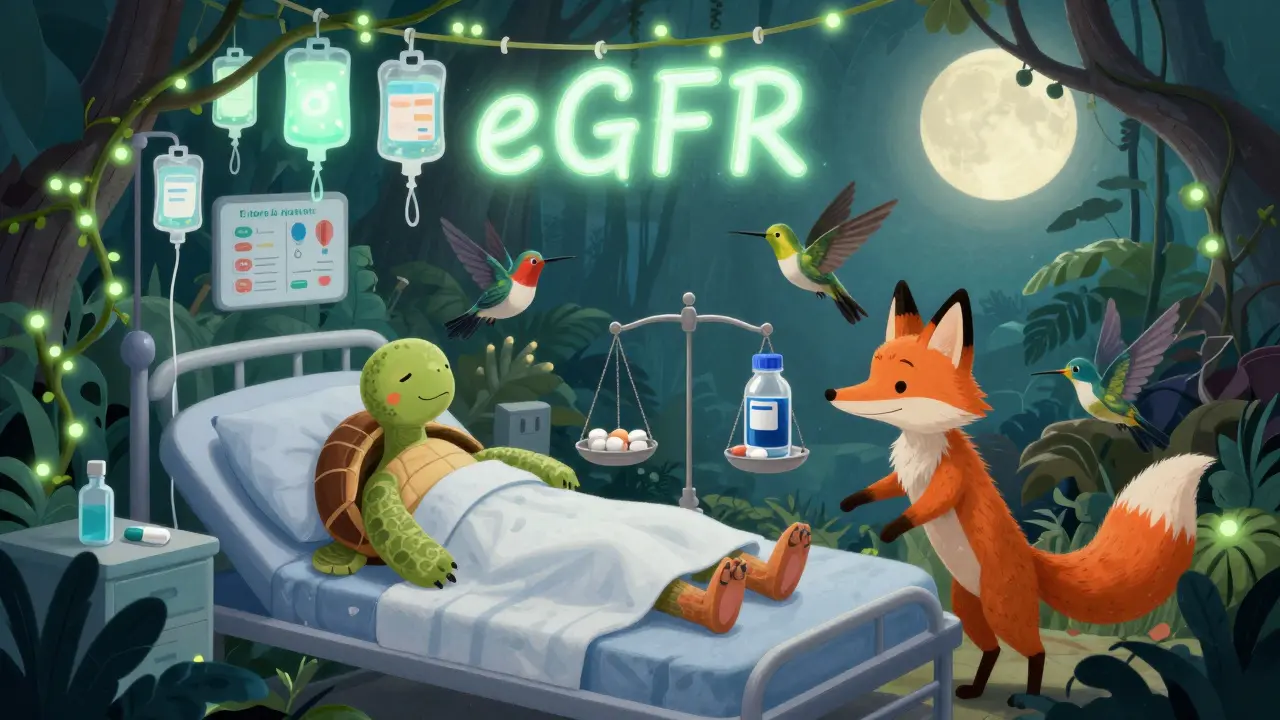 A patient sleeps in a magical hospital jungle as spirit animals balance metformin and contrast dye on a glowing scale.